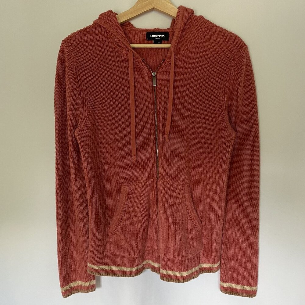 Lands' End coral vintage knit full zip hooded sweater brown beige stripes cotton